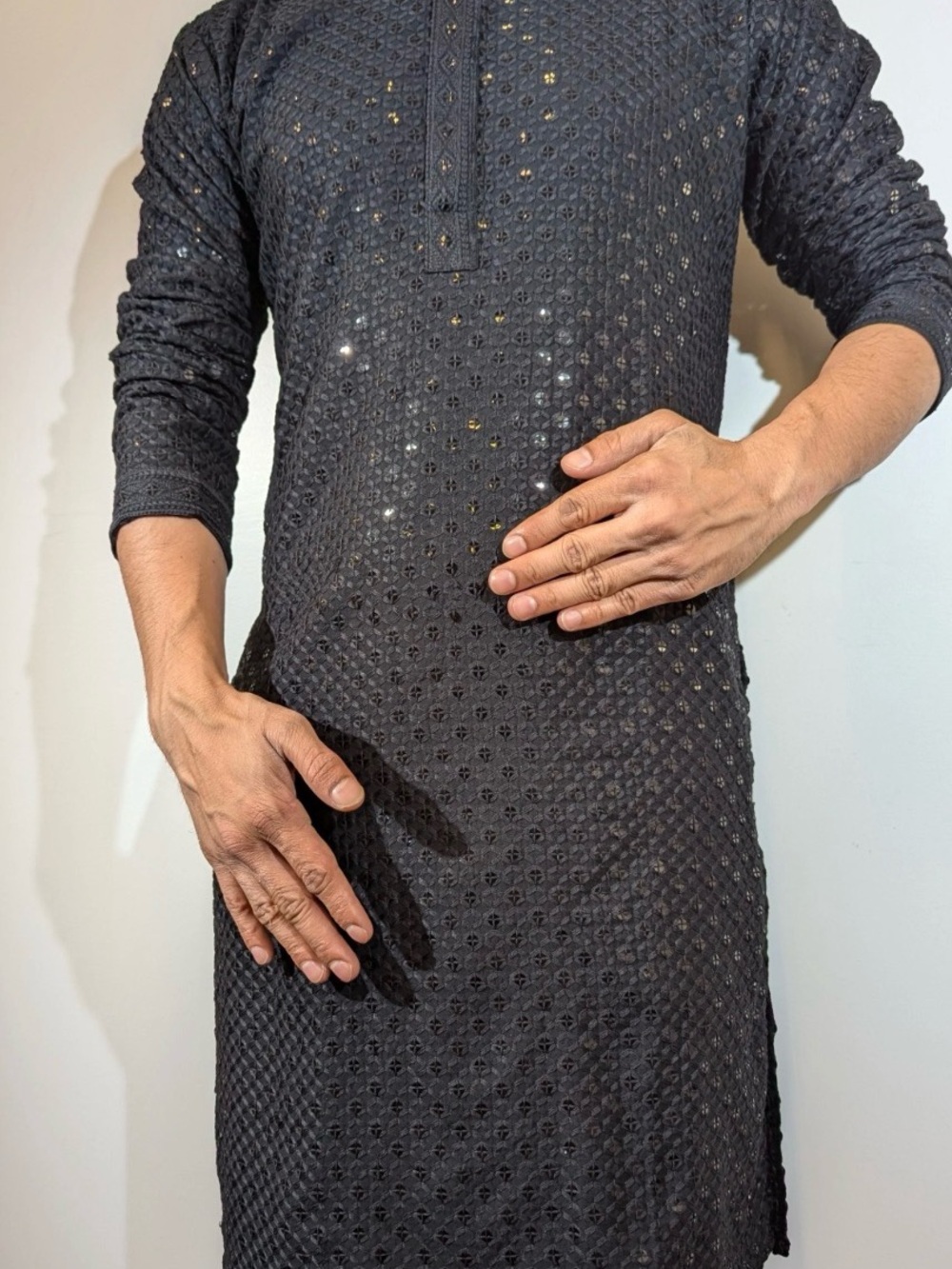 Black Textured Men's Kurta with Subtle Sequins
